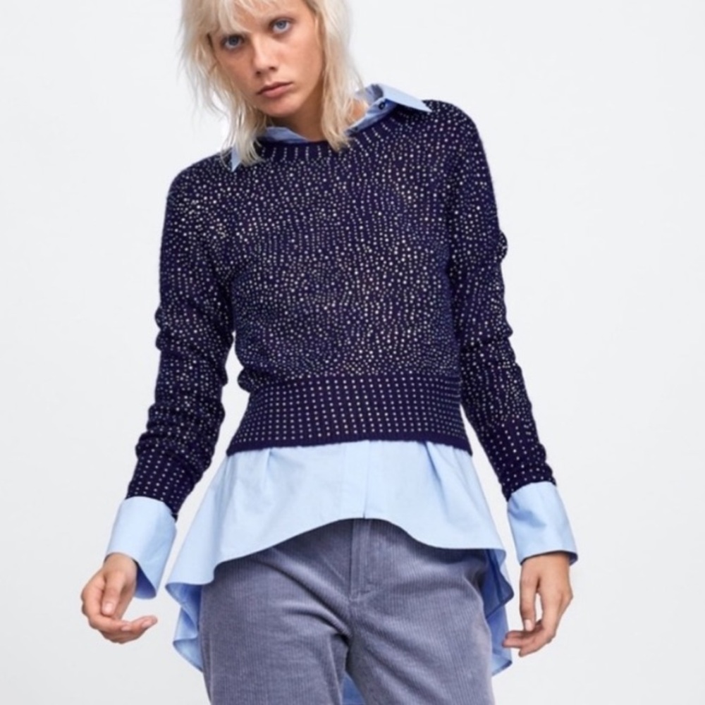 ZARA Knit Navy Blue Jeweled Sweater rhinestones Size S 
Festive party night out